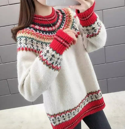 Loose Outerwear Vintage Jacquard Knit Sweater Top For Women