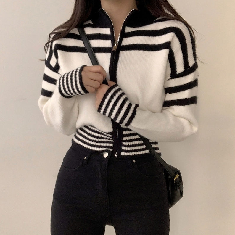 Short Long Sleeve Striped Sweater Sweater Coat