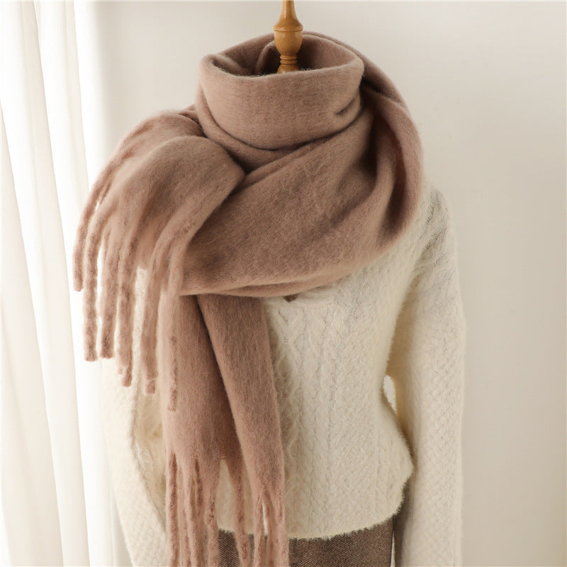 Solid Color Versatile Winter Warm Extended Tassel Scarf