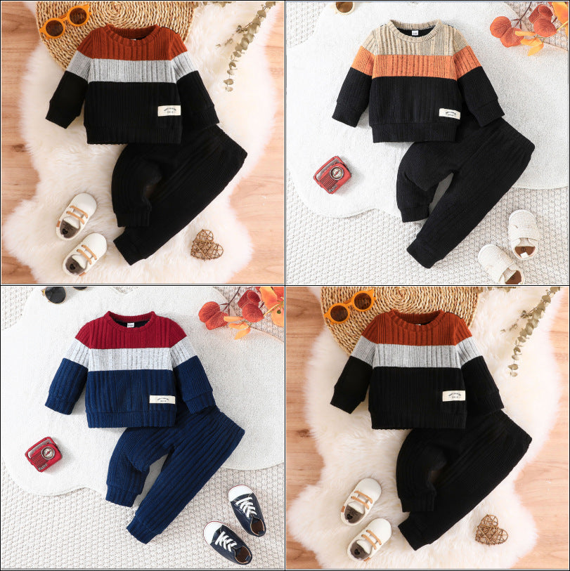 Color Matching Top Solid Color Pants Suit Baby Boy Cute Two-piece Set