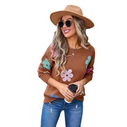 Women's Sweater Flowers Color-block Crew Neck