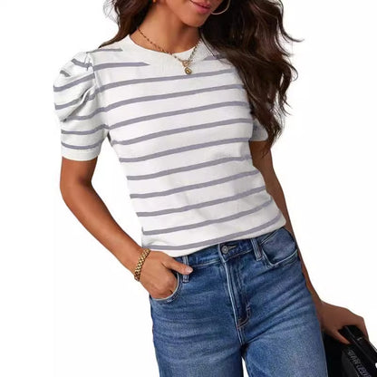 Women's Short Puff Sleeve Knitted Top Striped T-shirt