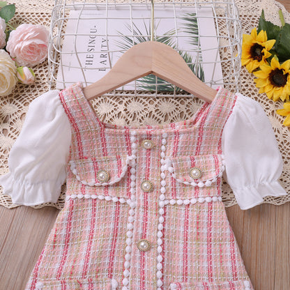 Plaid Pearl Buckle Classic Style Bubble Dress