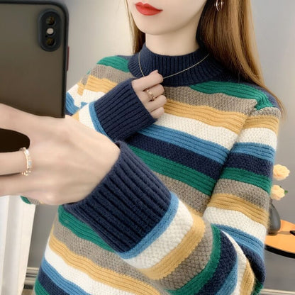 Mock-neck Stripes Sweater For Women