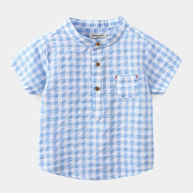 Children's Cotton Blue Short-sleeved Shirt Fashion Casual Short-sleeved Plaid Shirt