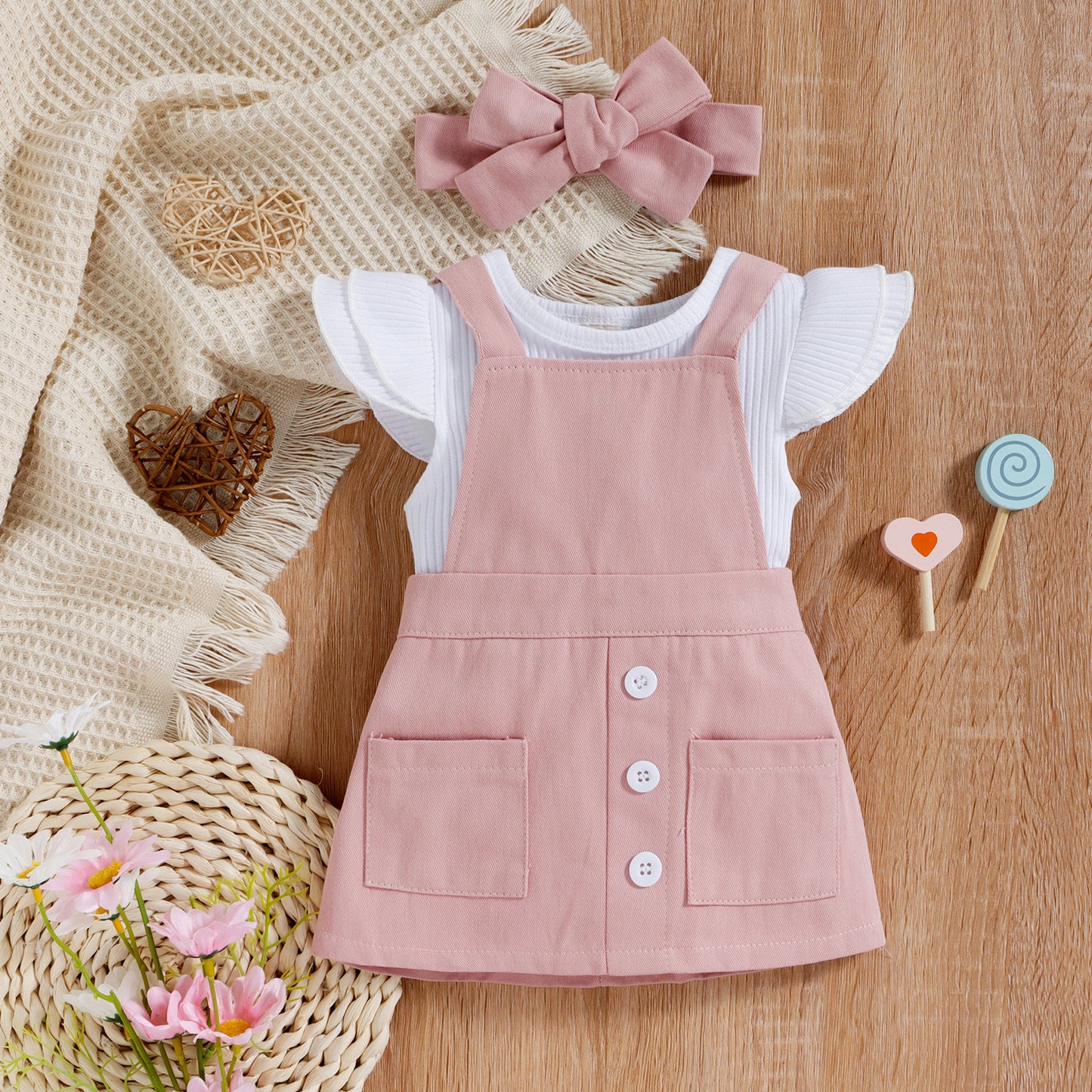 Sunken Stripe Cotton Short-sleeved Flower Suspender Skirt Infant Suit