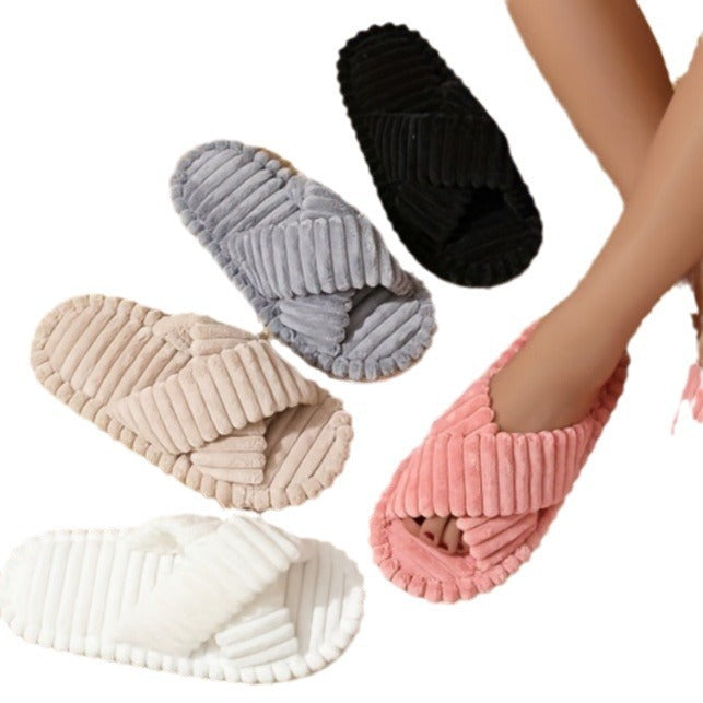 Home Fur Cross Belt Cotton Slippers Women