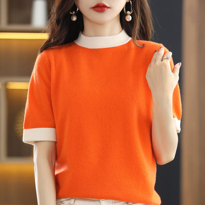 Half Turtleneck Wool Knitted Base Loose Short Sleeve