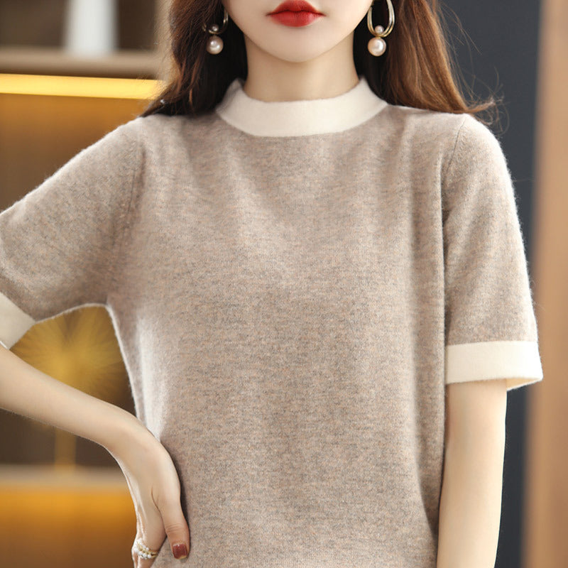 Half Turtleneck Wool Knitted Base Loose Short Sleeve