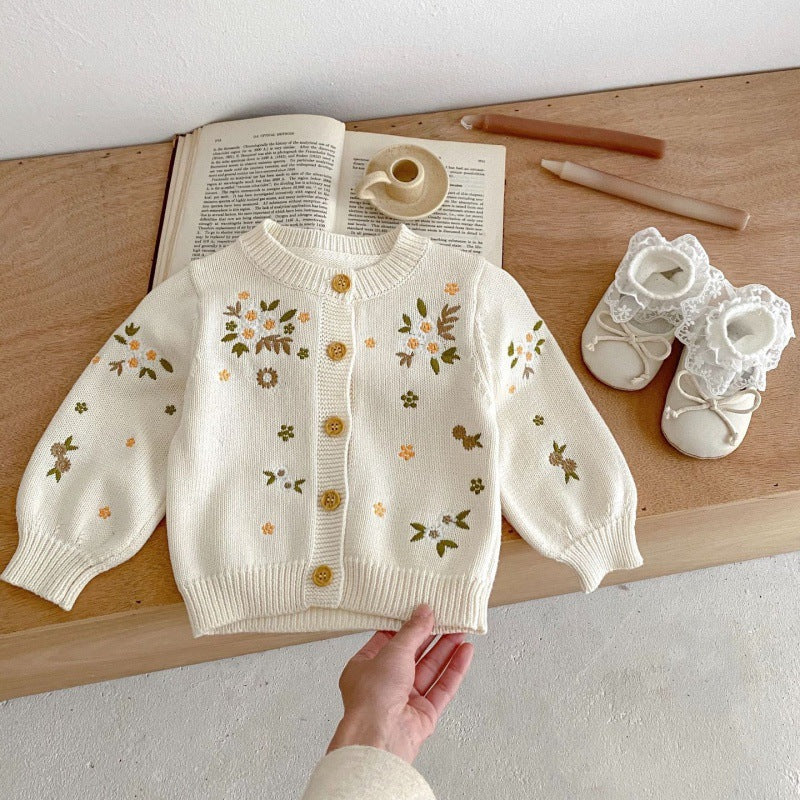 Girls' Baby Flower Embroidered Sweater Coat