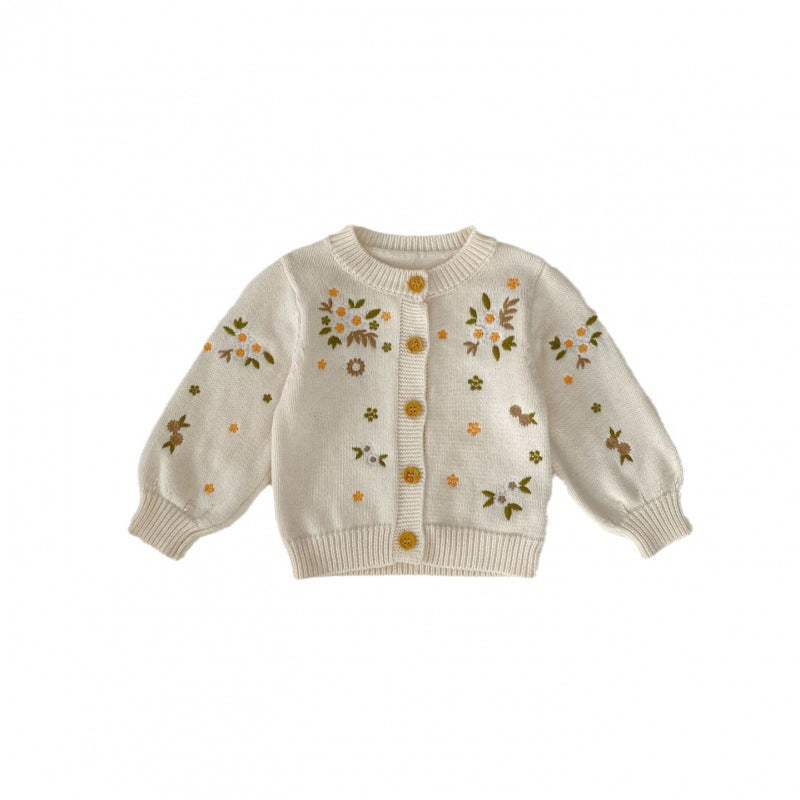 Girls' Baby Flower Embroidered Sweater Coat