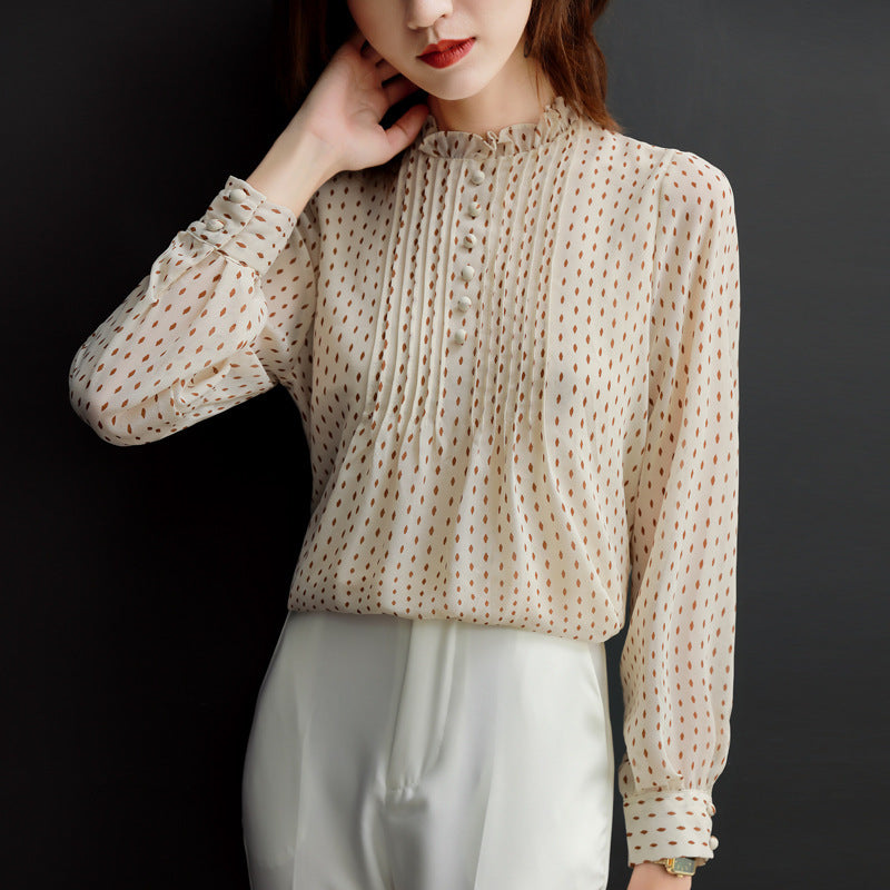 Womens Stand Collar Polka Dot Chiffon Shirt Long Sleeve