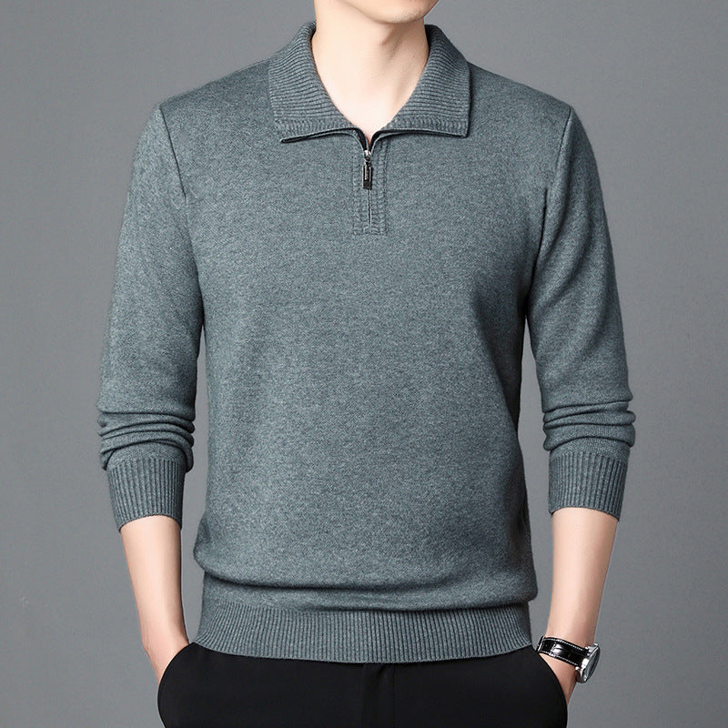 Men's Lapel Pullover Long Sleeve Knitted Sweater-100% Wool