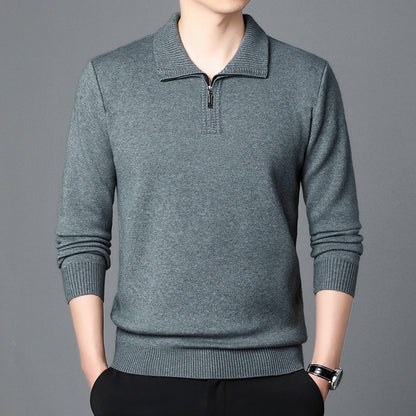 Men's Lapel Pullover Long Sleeve Knitted Sweater-100% Wool