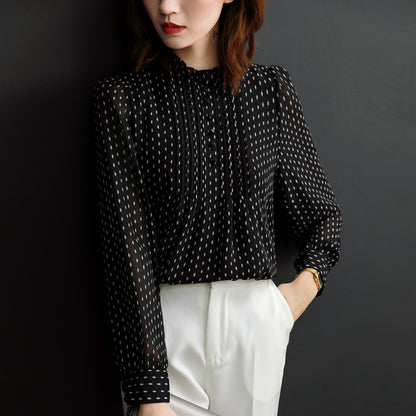 Womens Stand Collar Polka Dot Chiffon Shirt Long Sleeve