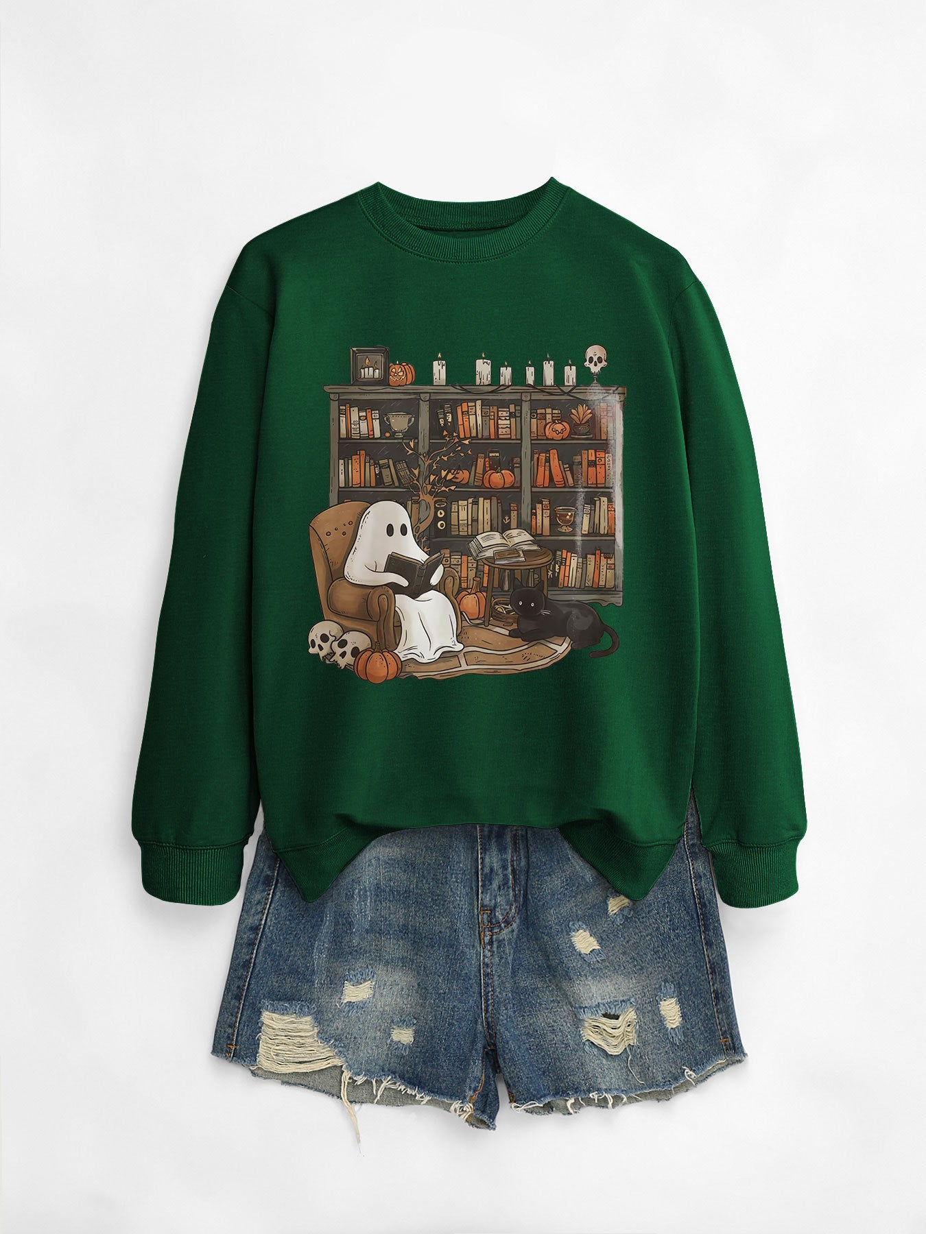 Womens Printed Bookshelf Ghost Black Cat Round Neck Sweater