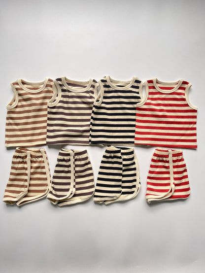 Korean Style Ins Striped Round Neck Vest Shorts Waffle Striped Suit Men And Women