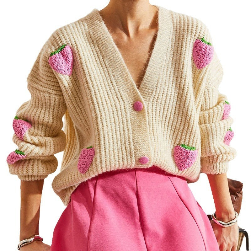 Sweet V-neck Beige Decorative Cardigan Sweater