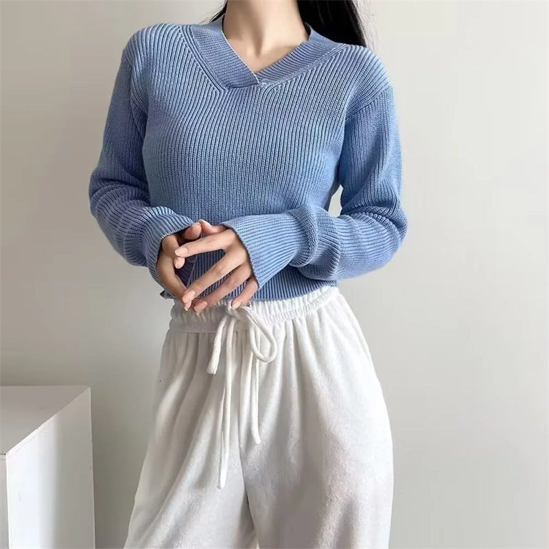 V-neck Thick Needle Pullover Cropped Sweater Autumn And Winter Women