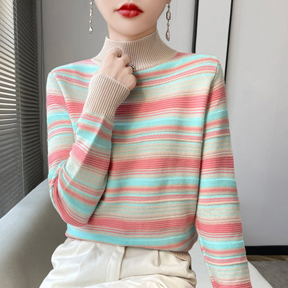 Mock-neck Stripes Wool Knitted Pullover Thick Sweater