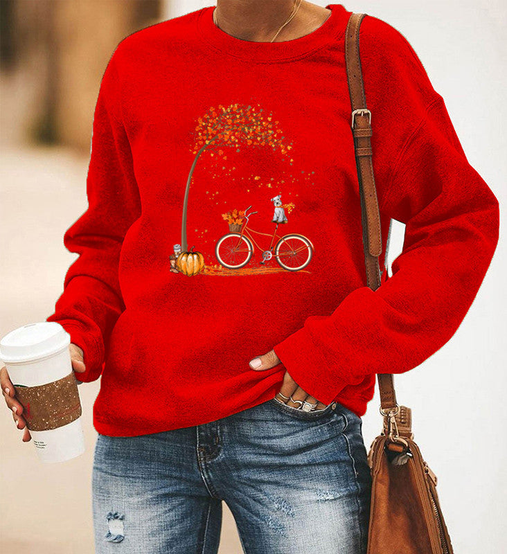 Bicycle Printing Long Sleeve Crew Neck Sweater Women