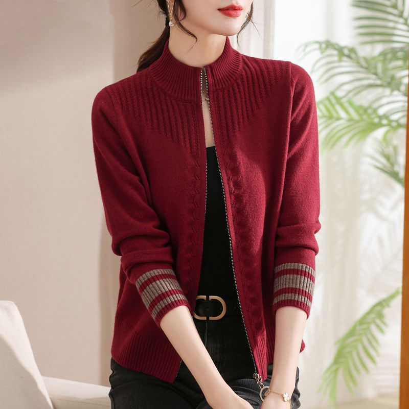 Stand Collar Zipper Wool Cardigan Coat For Women