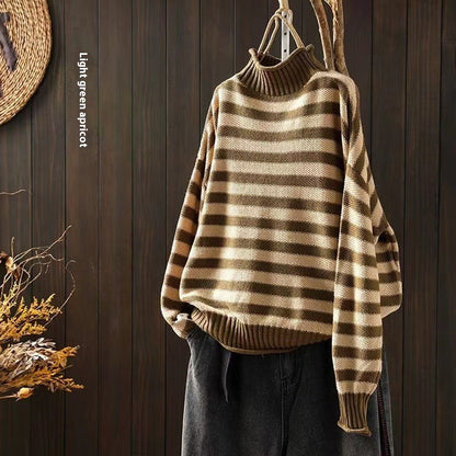 Striped Contrast Color Mock Neck Sweater