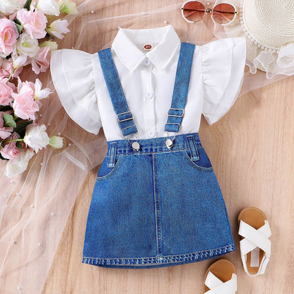 Flounced Sleeve Top Suspender Skirt Children's Fashion Suit