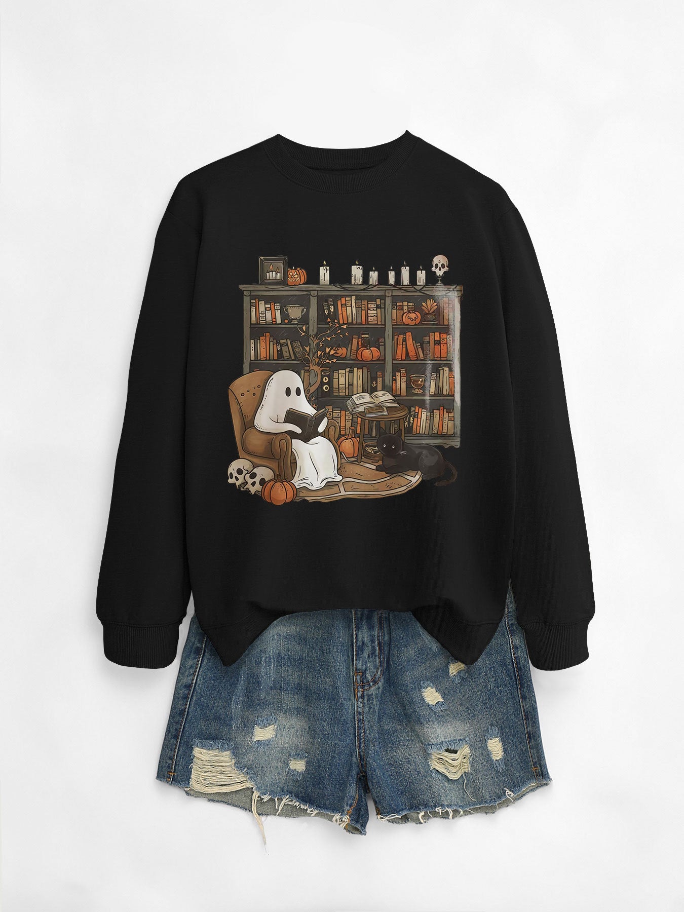 Womens Printed Bookshelf Ghost Black Cat Round Neck Sweater