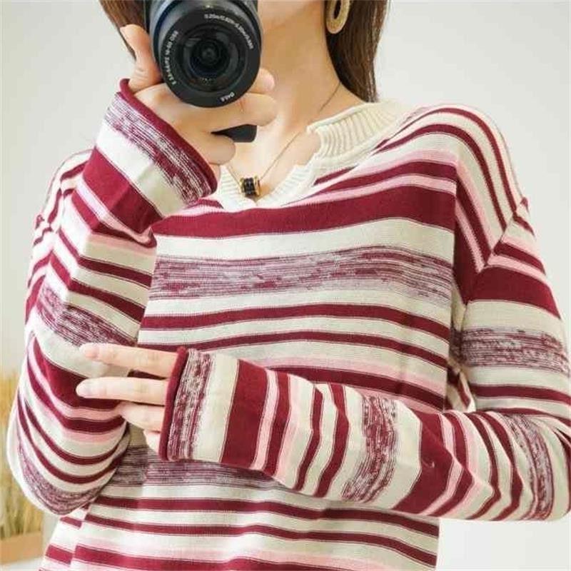 Striped V-neck Knitted Top Thin Plus Size Inner Bottoming Shirt