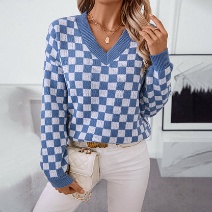 V-neck Sweater Loose Pullover Chessboard Plaid Color Matching Sweater