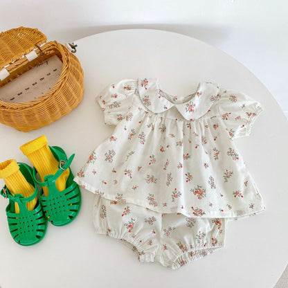 Baby Doll Collar Short Sleeve Floral Top And Bread Pants