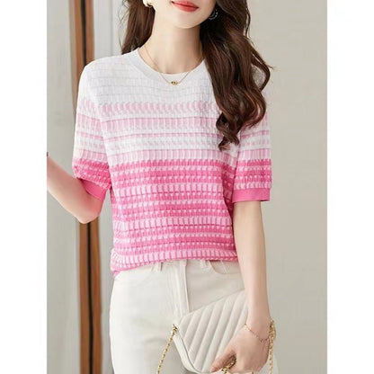 Women's Round Neck Contrast Color Jacquard Plaid Short-sleeved Sweater