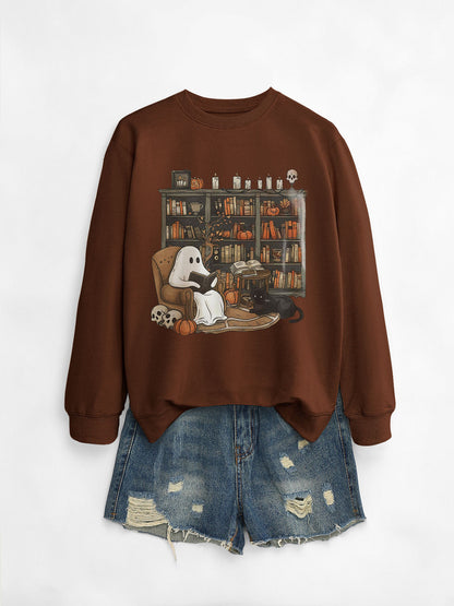 Womens Printed Bookshelf Ghost Black Cat Round Neck Sweater