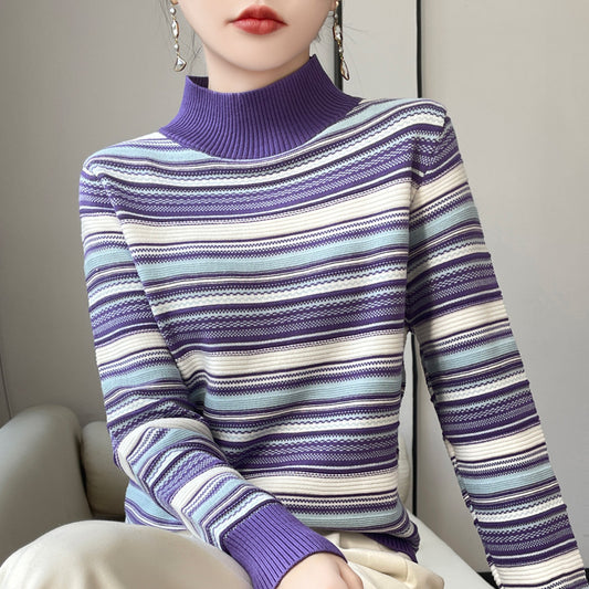 Mock-neck Stripes Wool Knitted Pullover Thick Sweater