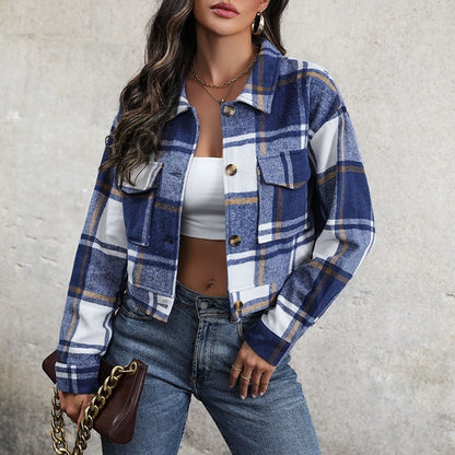 Womens Plaid Lapel Cropped Jacket