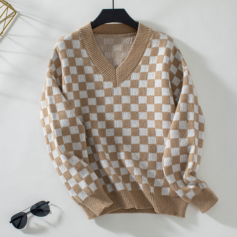 V-neck Sweater Loose Pullover Chessboard Plaid Color Matching Sweater