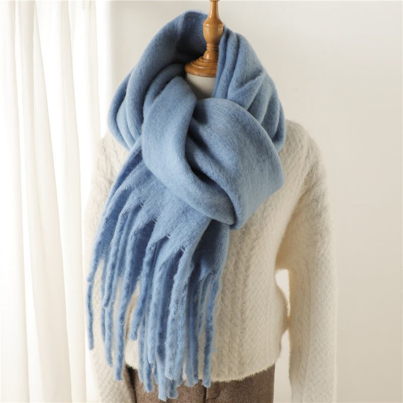 Solid Color Versatile Winter Warm Extended Tassel Scarf