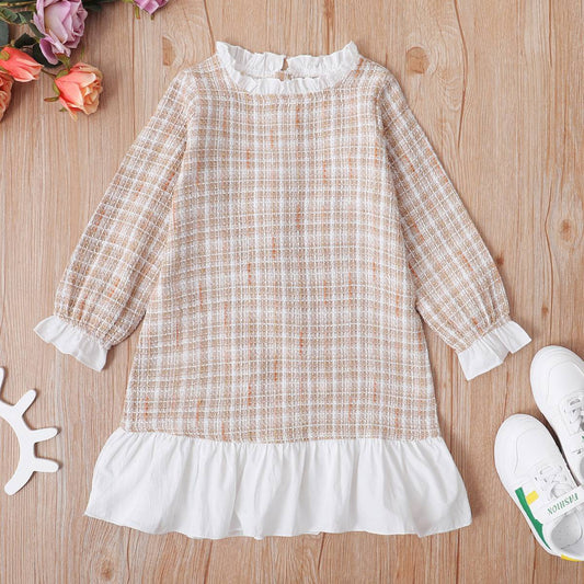 Girls Yellow Plaid Long-sleeved Dress