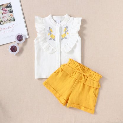 Childrens Sleeveless Embroidered Shirt Top Shorts Two-piece Set