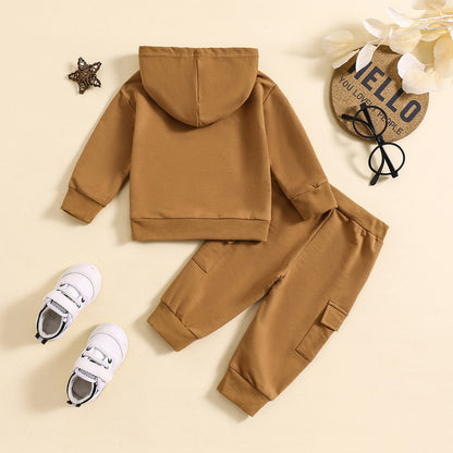 Solid Color Hooded Sweater With Pockets Overalls Suit Two-piece Set