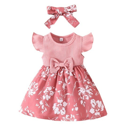 Girls' Cute Floral Flying Sleeve Dress Hair Band Two-piece Set