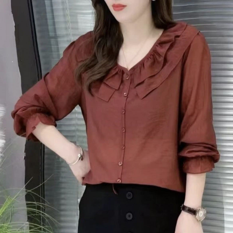 Round Neck Lace Solid Color Slimming Long-sleeved Shirt