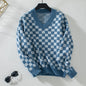 V-neck Sweater Loose Pullover Chessboard Plaid Color Matching Sweater