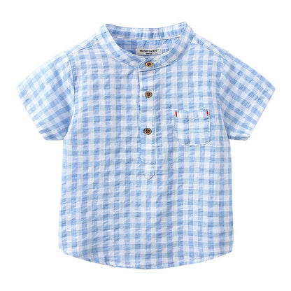 Children's Cotton Blue Short-sleeved Shirt Fashion Casual Short-sleeved Plaid Shirt