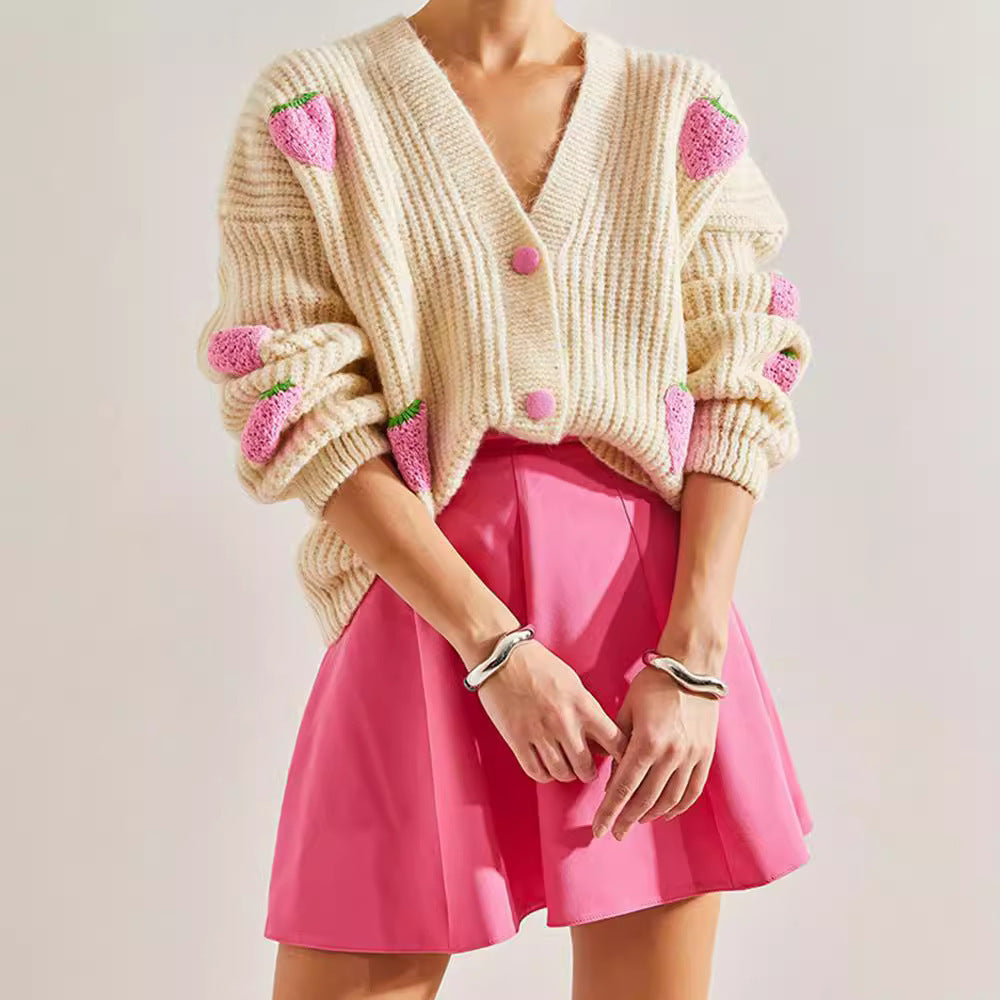 Sweet V-neck Beige Decorative Cardigan Sweater