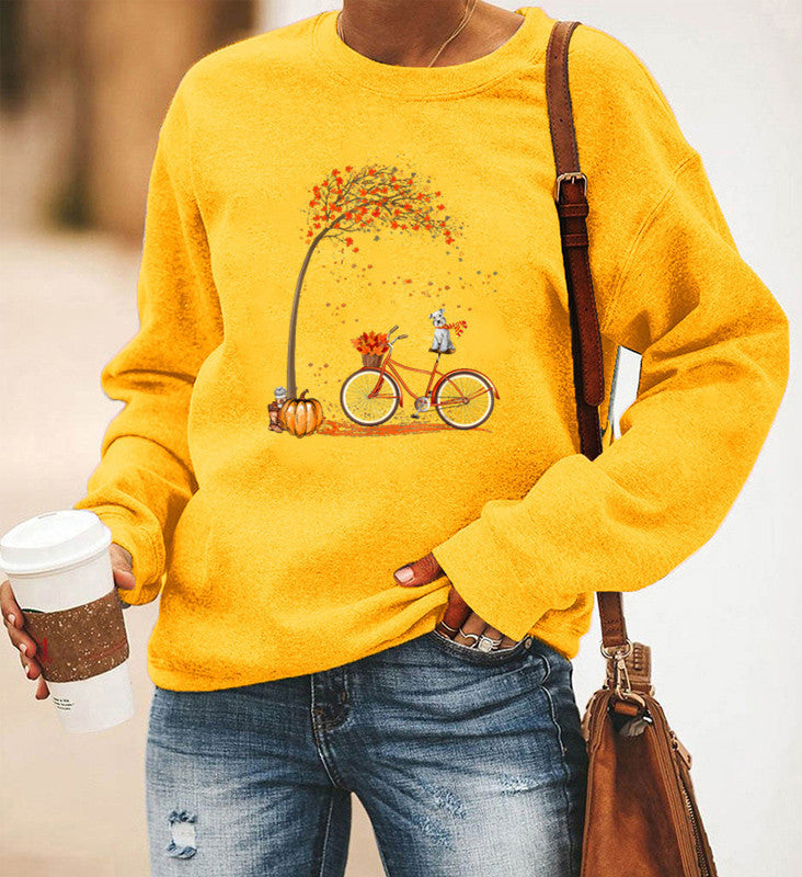 Bicycle Printing Long Sleeve Crew Neck Sweater Women