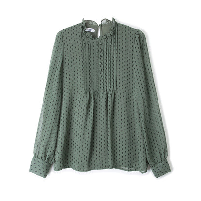 Womens Stand Collar Polka Dot Chiffon Shirt Long Sleeve