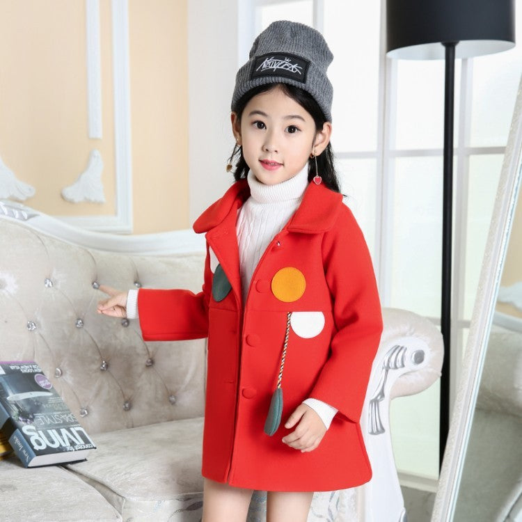 Girls Padded Lapel Color Matching Polka Dot Woolen Coat