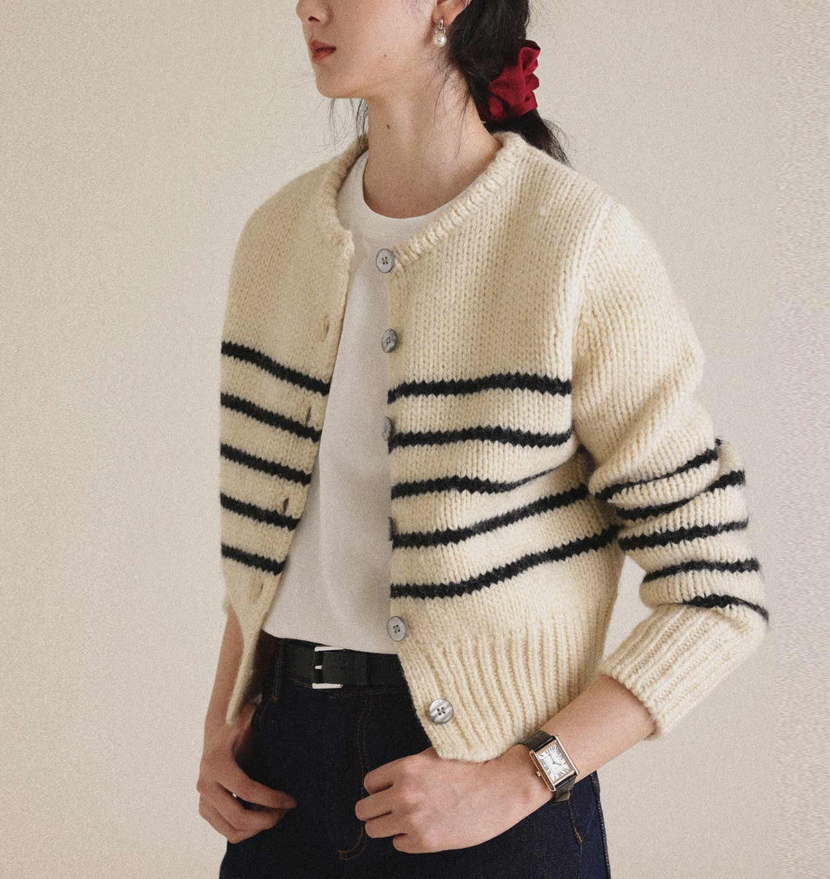 Womens Striped Knitted Cardigan